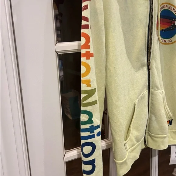 Aviator Nation yellow full zip classic rainbow  logo hoodie unisex flawed Small - Picture 3 of 11